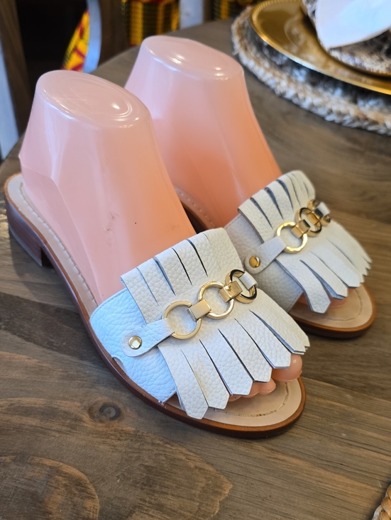 kate spade Shoes - Kate Spade White Fringe Slide Mules with Gold Chain